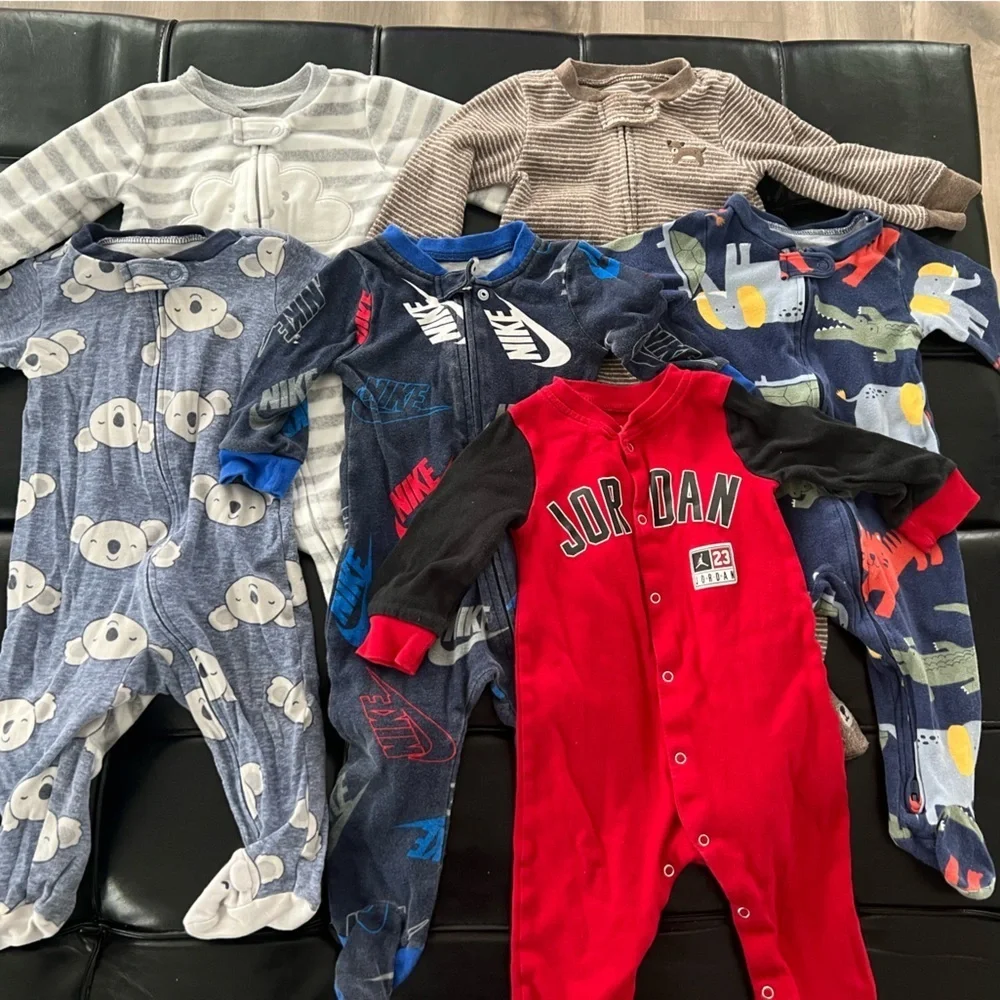 6 Baby Onesies in Red, Blue, and Gray; all 9 months